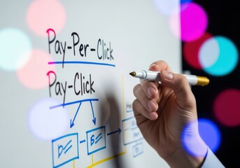 Hand writing payperclick strategy on a whiteboard with colorful bokeh lights in the background
