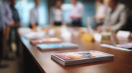 Conference table with marketing catalogs, thriving commerce in brand promotion, market innovation through tangible media, digital growth in brand identity, consumer trends in physi