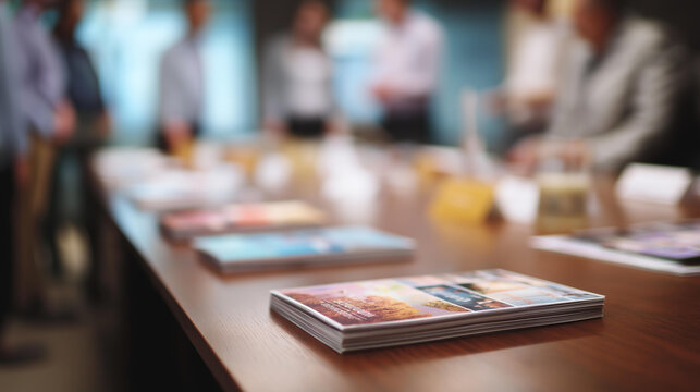 Conference table with marketing catalogs, thriving commerce in brand promotion, market innovation through tangible media, digital growth in brand identity, consumer trends in physi