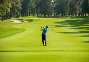 Golfer hit sweeping driver after hitting golf ball down the fairway with sunrise background.