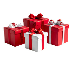 Fototapeta premium Three Christmas Gift Boxes with Red Ribbons, Neatly Arranged on White Background, Holiday Celebration Concept 