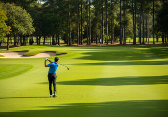 Golfer hit sweeping driver after hitting golf ball down the fairway with sunrise background.