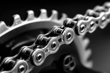 Close up of shiny bicycle chain and gear mechanism