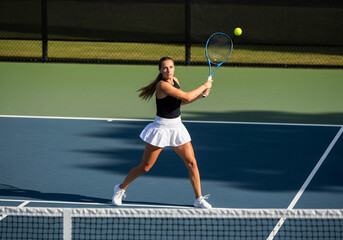 Young woman playing tennis on court
