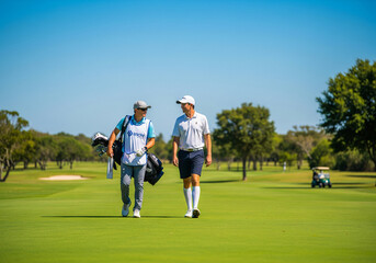Obraz premium Good shot buddy. Shot of two happy men playing a game of golf. Golf, friends and sport with men on course playing