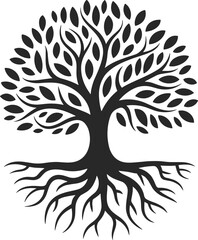Elegant black and white tree illustration with detailed branches and roots, minimalist nature design symbolizing growth,