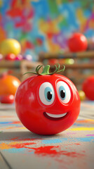 3D Cartoon Illustration of a Smiling Tomato Character with Large Expressive Eyes on a Table with Colourful Abstract Background. Healthy Lifestyle and Organic Concept, Copy Space, 9:16