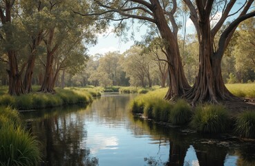 Fototapeta premium Scenic photo of calm river flowing through green forest. Huge trees stand near water reflecting sky. Rich foliage grass grows on shores. Natural outdoors landscape.