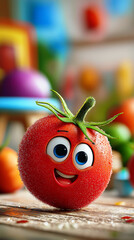 3D Cartoon Illustration of a Whimsical, Happy Tomato Character Standing on a Wooden Surface with Colourful Background. Healthy Lifestyle and Organic Concept, Copy Space, 9:16