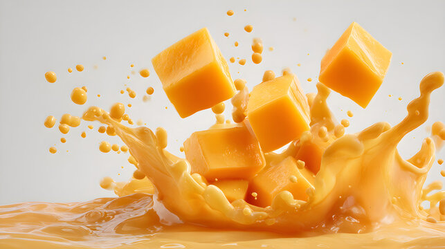 Freshly cut mango cubes splashing into a creamy liquid with droplets in motion