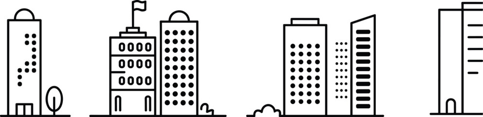 Minimalist black and white city skyline illustration, modern office buildings, simple line art architecture design,