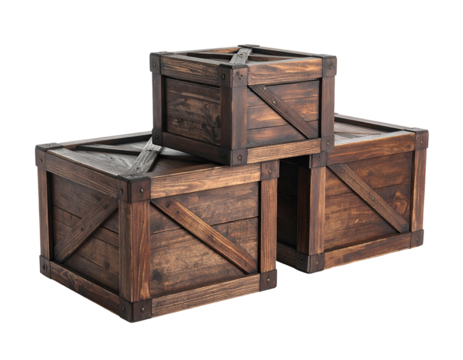 Three wooden crates, two on the bottom, one stacked on top, isolated on black