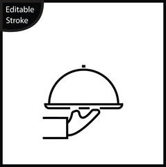 Minimalist line icon showing a waiter's hand serving a domed dish on a tray. The design features an editable stroke for easy resizing and weight adjustment. Ideal for use in restaurant menus, catering