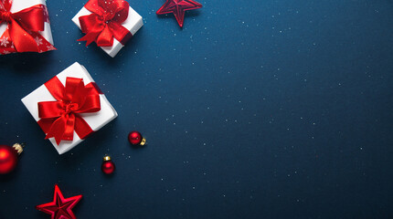 Merry Christmas and Happy Holidays greeting card, frame, banner. New Year. Red and white Christmas decorations and gifts on blue background top view. Winter xmas holiday celebration theme.