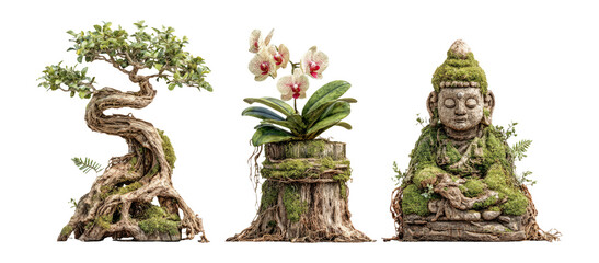 Serene Nature Elements Featuring Bonsai, Orchids, and Mossy Buddha Statue