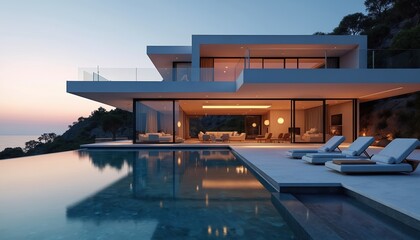 Fototapeta premium Modern luxury villa sits on cliff overlooking ocean. Infinity pool reflects warm interior lights. Sleek architecture with expansive glass walls offers panoramic sea views. Elegant lounge chairs wait