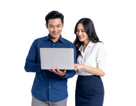 Smiling Asian man and woman stand together, looking at a laptop screen
