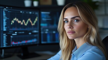 Businesswoman analyzing financial data on computer screens in a modern office environment, showing stock market charts, trading graphs, and economic analytics
