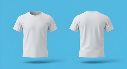 White T Shirt Front and Back View on Bright Blue Background