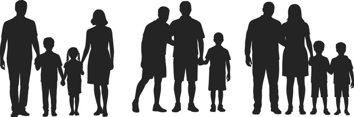Silhouette illustration of diverse families holding hands, black and white people figures group,