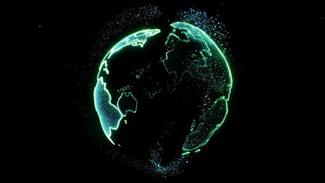 A seamlessly looping animation of glowing particles forming the planet Earth. A modern, abstract background for technology, environment, and global concepts.