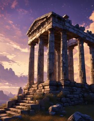 templo griego en ruinas sobre cielo azul