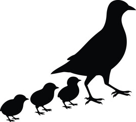 Silhouette of Mother Bird Leading Chicks, Family of Birds Walking Together, Nature Wildlife Parenting Concept