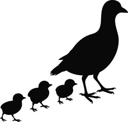 Silhouette of Mother Bird Leading Chicks, Family of Birds Walking Together, Nature Wildlife Parenting Concept