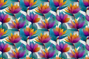 seamless pattern .  A repeating arrangement showcases vibrant, abstract flowers and verdant leaves in a captivating design that exudes a sense of natural artistry.