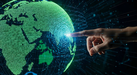 Futuristic digital globe with hand touching virtual network, symbolizing global connection, technology, and data communication
