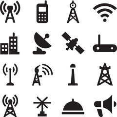 Fototapeta premium Communication and broadcasting icon set vector illustration in black and white with 16 symbols including towers, satellites, routers and signals