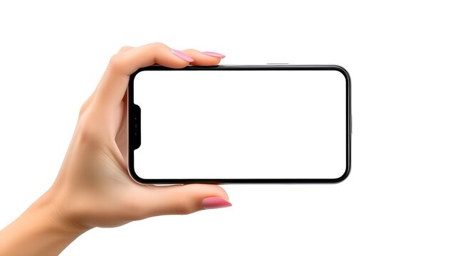 Hand holding Smartphone iPhone 14 pro as png photo and isolated on white background for your mobile phone app or web site design, logo Global Business technology