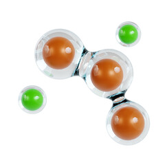 Microscopic view of cell division with orange and green spheres enclosed in transparent bubbles against a dark background representing biological process and cellular activity