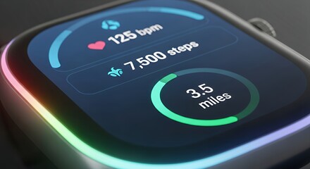 Modern smartwatch displaying fitness metrics for active lifestyle, including steps, heart rate, and miles walked for health and wellness tracking