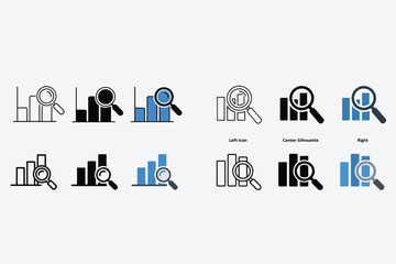 Business analytics icons with magnifying glass over bar charts data analysis symbols
