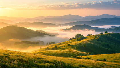 Obraz premium Sunrise over misty mountain hills