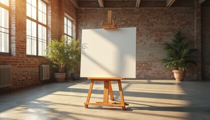 Empty blank canvas stands on wooden easel in modern art studio. Warm sunlight streams through big windows, casting long shadows on concrete floor. Industrial brick walls, green plants fill airy loft