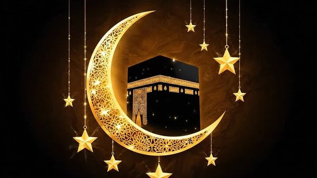 Golden Crescent Moon with Kaaba and Stars: Islamic Art for Ramadan and Eid