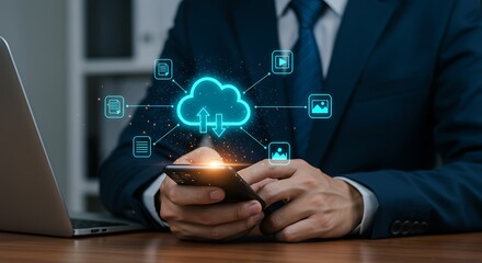 Cloud computing and data management concept. A professional uploads and downloads information using a smartphone, connecting to a central online database