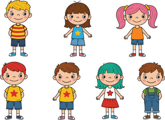 Cartoon children illustration set, diverse hairstyles, colorful outfits, smiling kids, playful style, standing pose, vector design