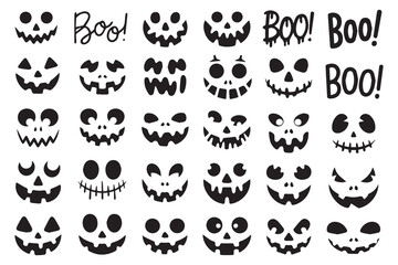 Collection of spooky halloween pumpkin faces and boo text designs for festive decorations
