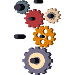 Interlocking colorful gears mechanism in motion isolated on white background with soft shadows abstract concept of teamwork and connection