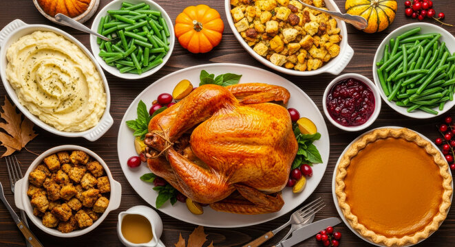 A delicious and abundant thanksgiving dinner spread with a roasted turkey, stuffing, mashed potatoes, green beans, cranberry sauce, and pumpkin pie