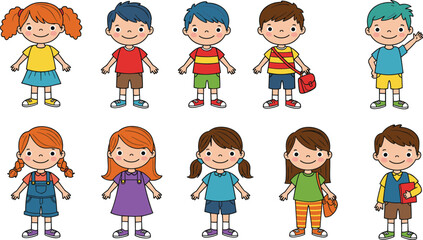 Cartoon children illustration set, diverse outfits, smiling kids, red book and bag, playful style, vector design
