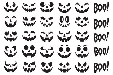 Collection of spooky jack-o'-lantern faces and boo text for halloween decorations