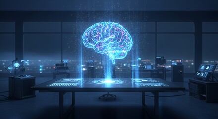 Futuristic brain analysis and AI technology concept showcasing neural network data visualization in a high-tech lab setting at night