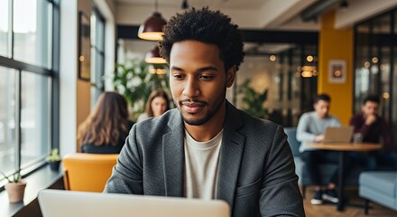 Focused young professional working on laptop in modern cafe setting, embodying productivity and innovation for business success