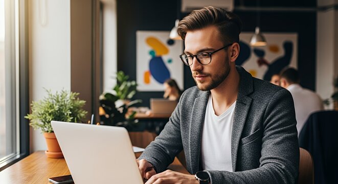 Focused businessman working on laptop in modern cafe, analyzing data, planning strategy, achieving goals with a professional look.