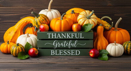 A rustic wooden table displays a variety of pumpkins, gourds, apples, and a crate with thankful grateful blessed text