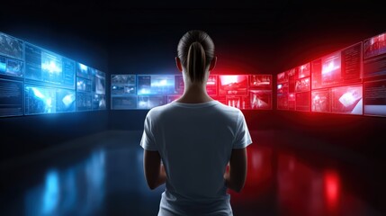 Back View of Woman Facing Surveillance Screens in Dark Control Room